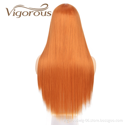 Wholesale Price Long Silky Straight Wave Middle Part Small Part Lace Pre Plucked Orange Cosplay Party Synthetic Hair Wigs